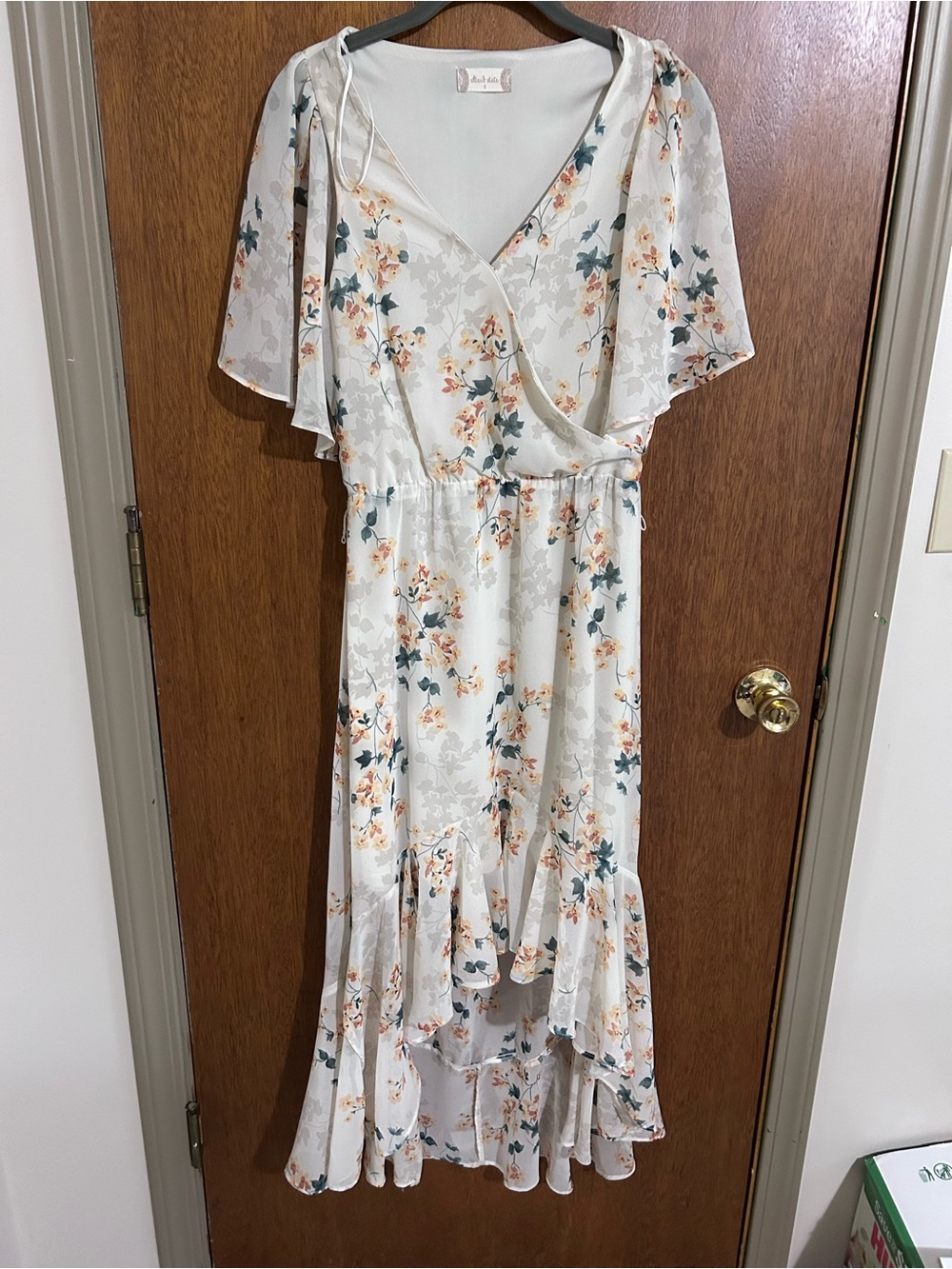 Altar'd State Ivory Floral High-Low Wrap Dress with Peach Accents